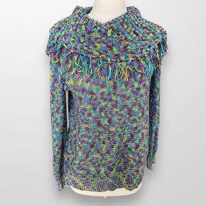 Ruby Rd Womens Size Large Sweater Top‎ Cowl Neck Fringe Multi Color Long Sleeve